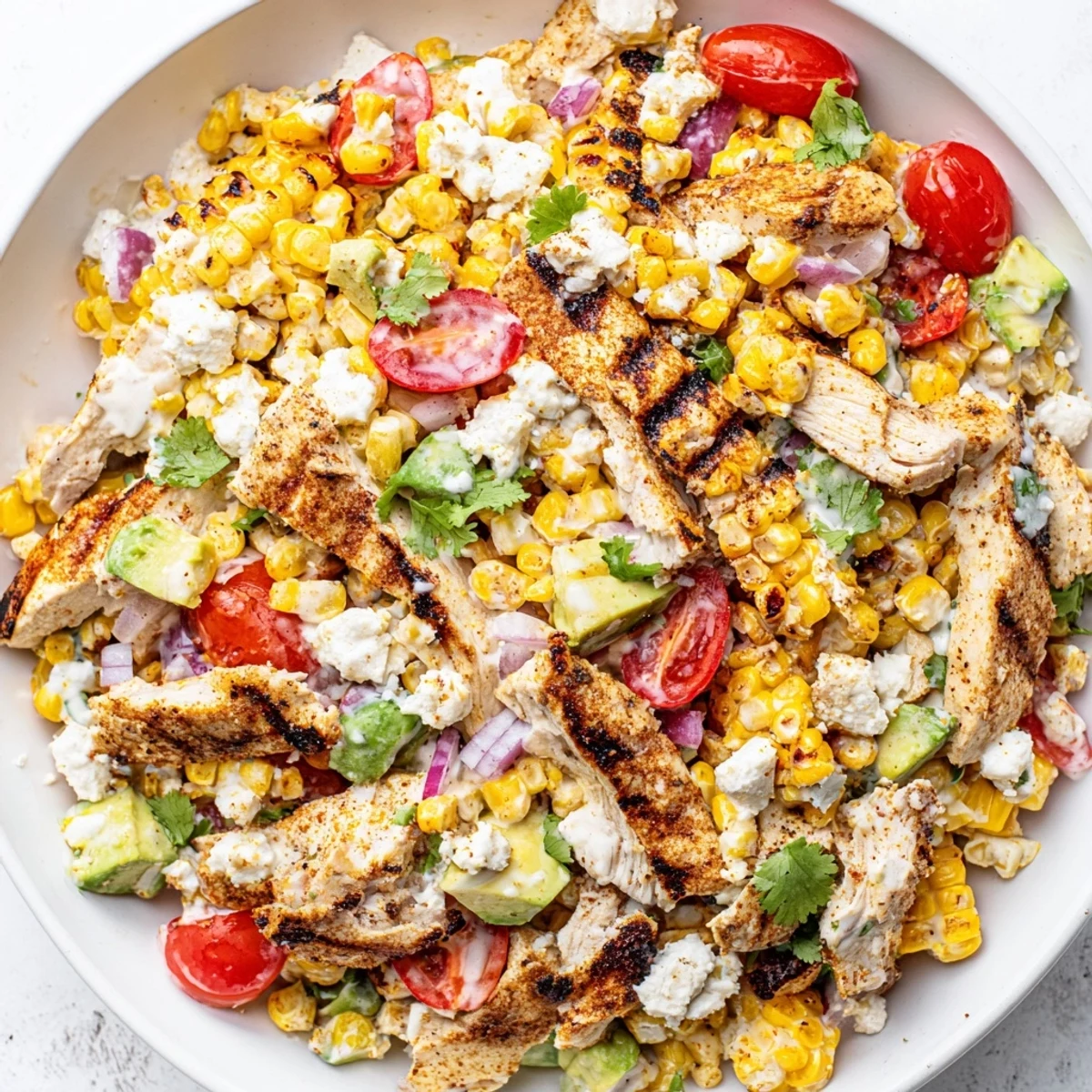 Golden grilled chicken slices over charred corn kernels in a zesty High Protein Chicken Street Corn Salad bowl