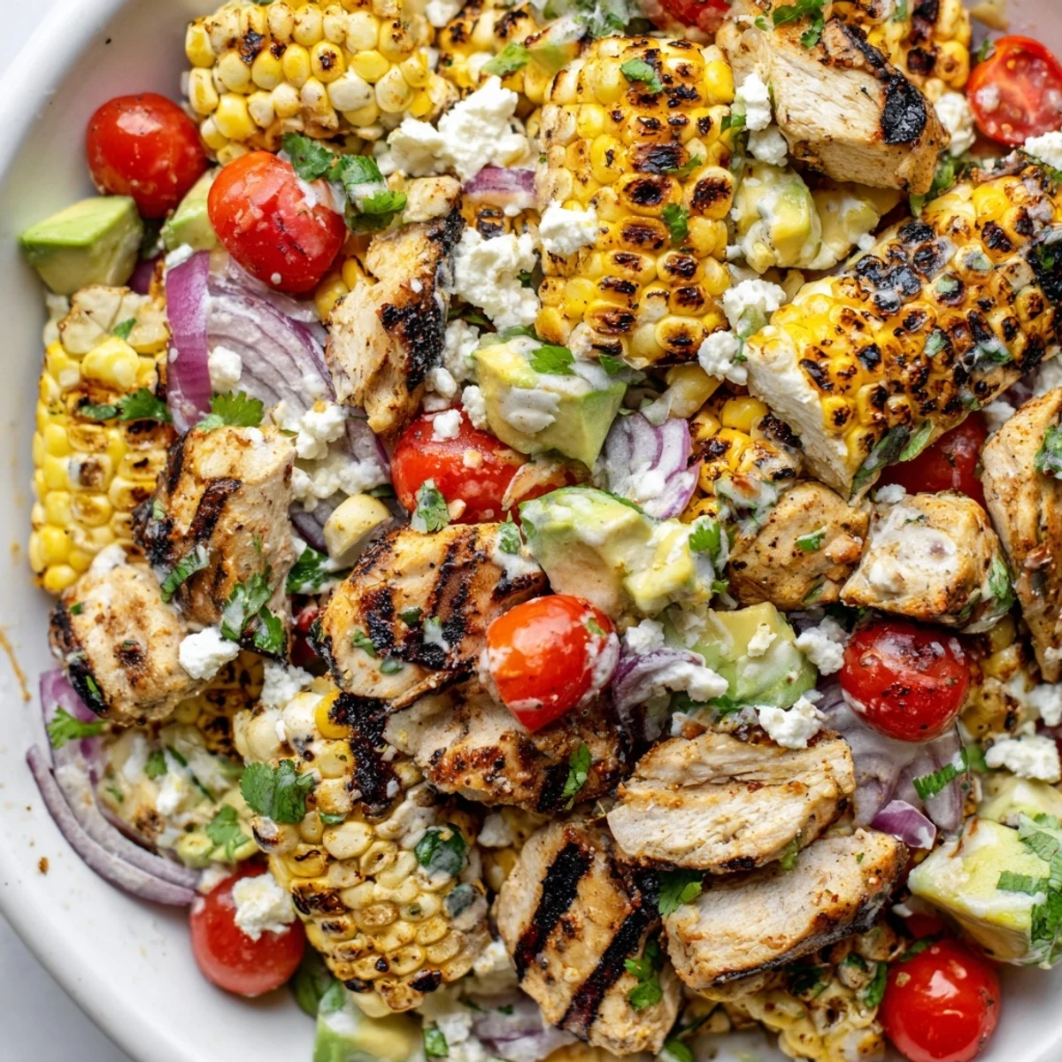 Colorful High Protein Chicken Street Corn Salad with avocado, ripe tomatoes, and a tangy lime yogurt dressing