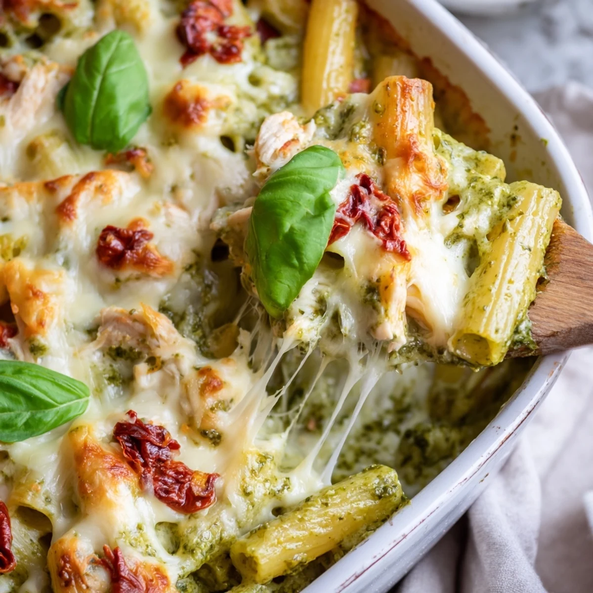 Golden bubbling pesto chicken pasta bake topped with melted mozzarella and fresh basil
