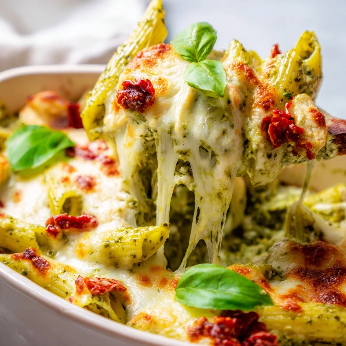 Creamy pesto chicken pasta bake with sun-dried tomatoes in a rustic baking dish