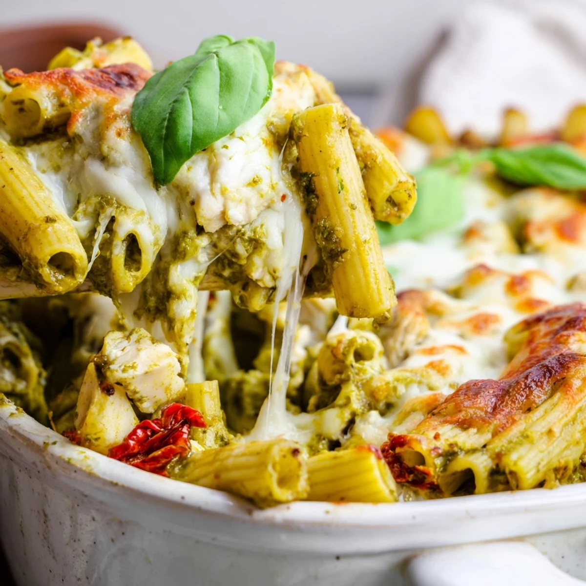 Steaming hot pesto chicken pasta bake with gooey cheese and tender penne noodles