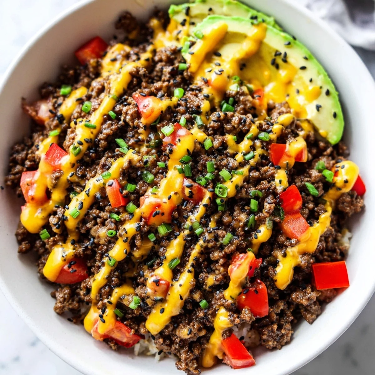 Colorful burger bowls loaded with seasoned ground beef, fresh veggies, and melted cheddar cheese