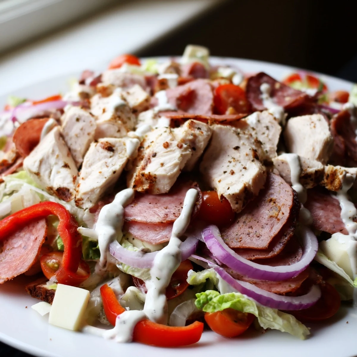 Colorful Italian Grinder Chicken Salad featuring sliced chicken pepperoni and melted provolone