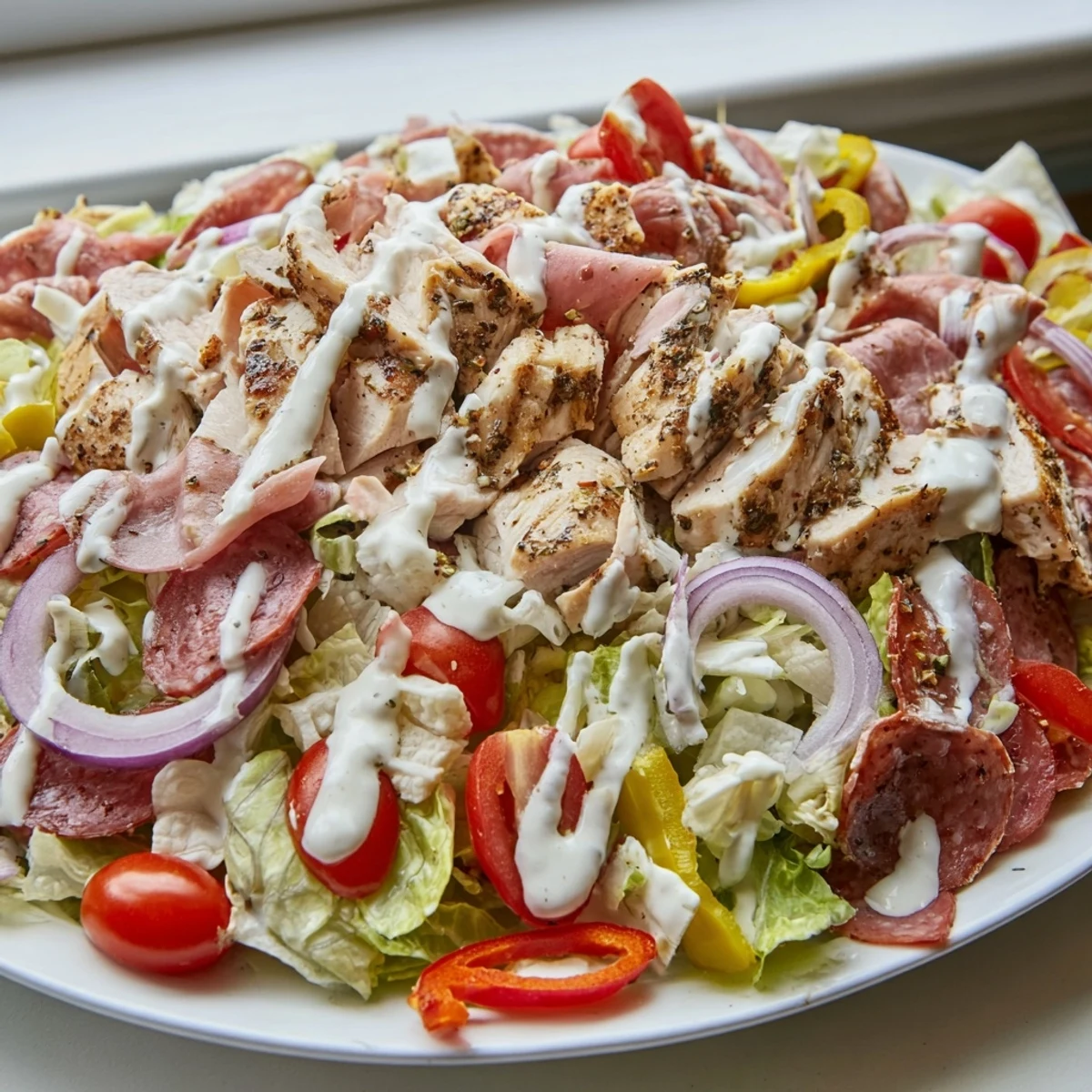 Hearty Italian Grinder Chicken Salad drizzled with zesty dressing on crisp romaine