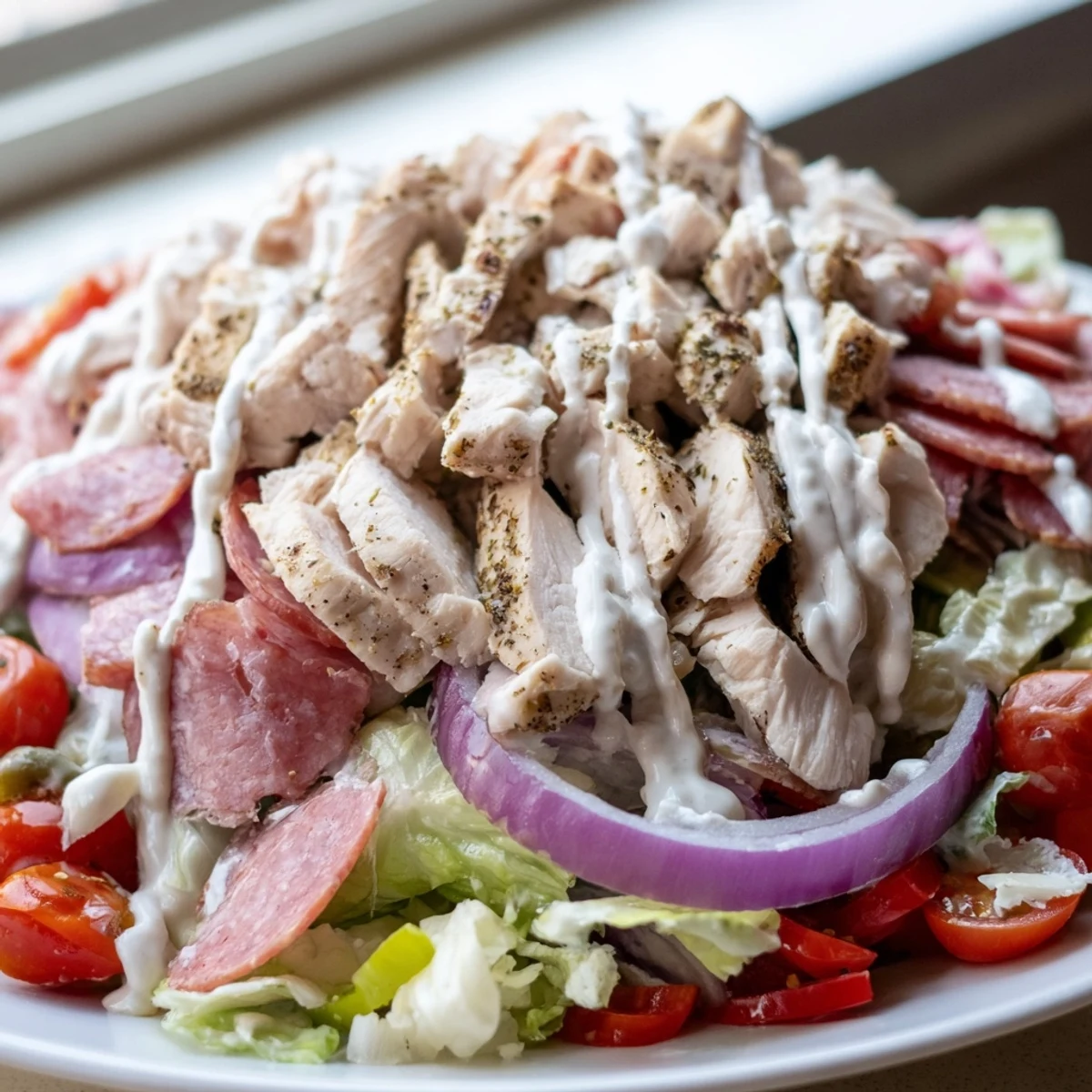 Italian Grinder Chicken Salad piled high with deli meats and fresh vegetables