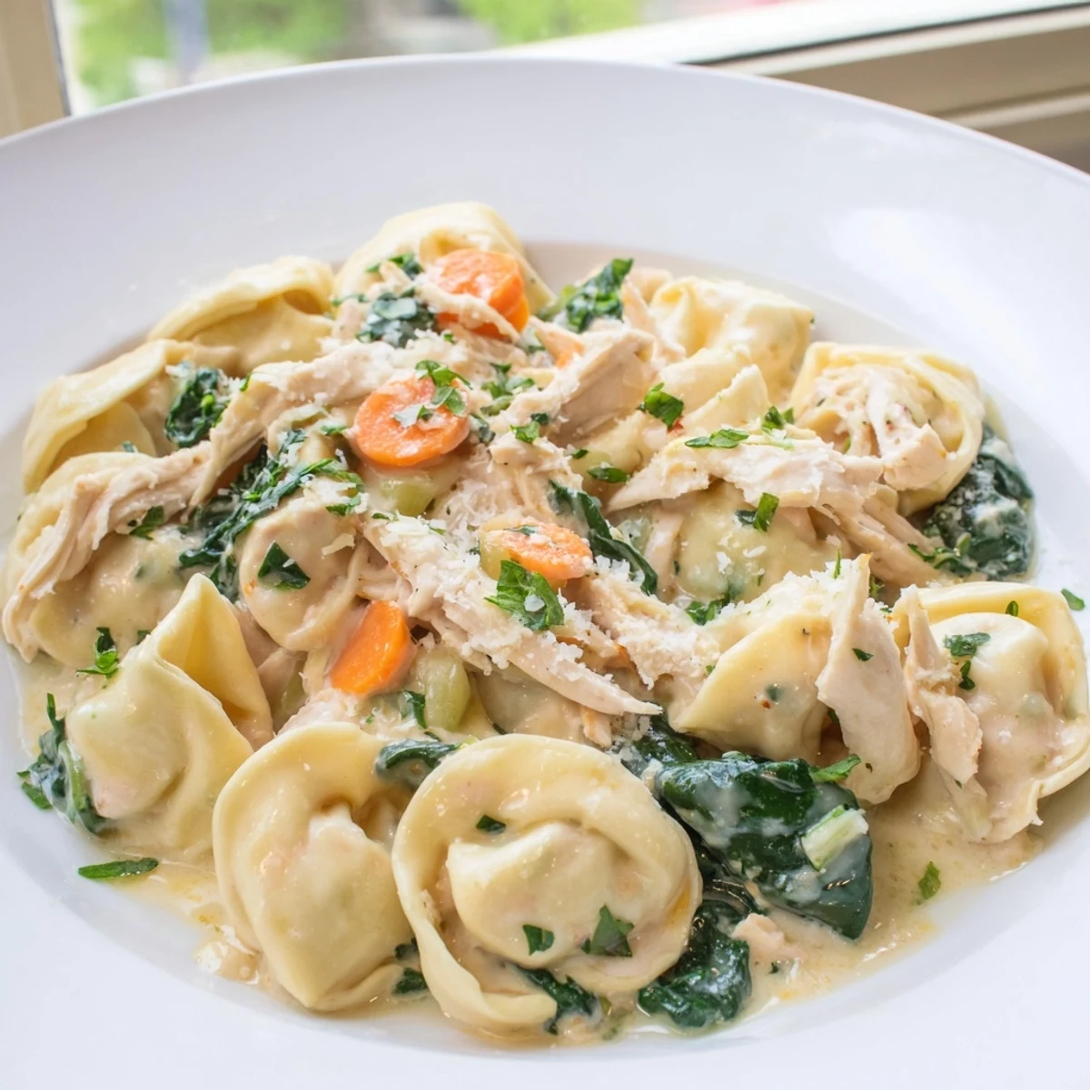 Creamy crockpot chicken tortellini in a rich sauce with tender vegetables and melted cheese