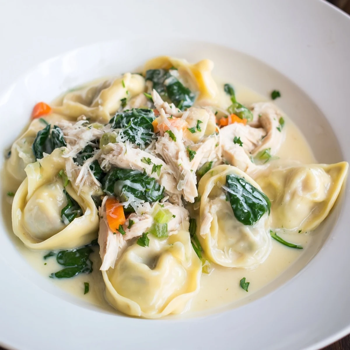 Golden shredded chicken and plump cheese tortellini swimming in a velvety cream sauce