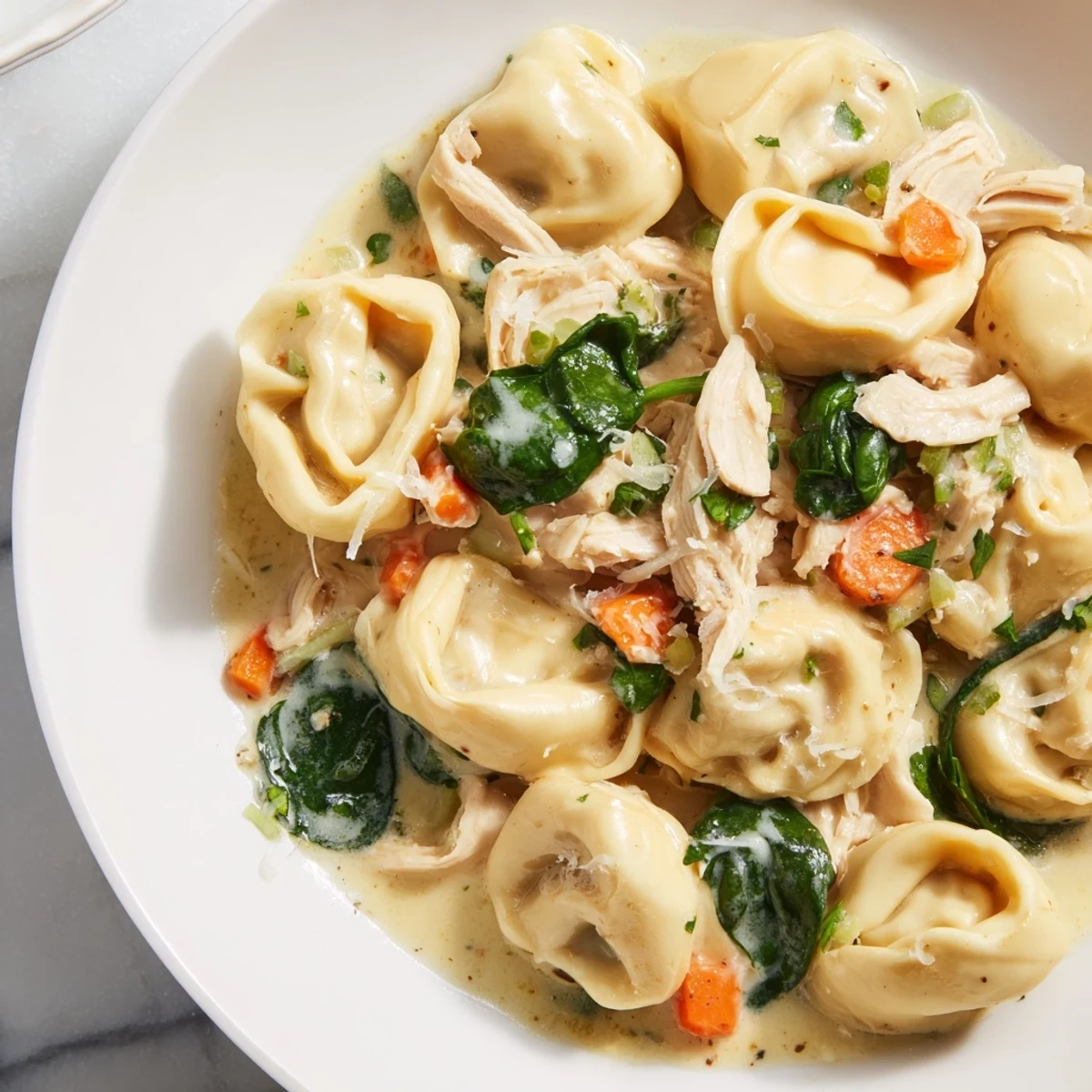 Slow cooker chicken tortellini topped with Parmesan and fresh parsley in a steaming bowl