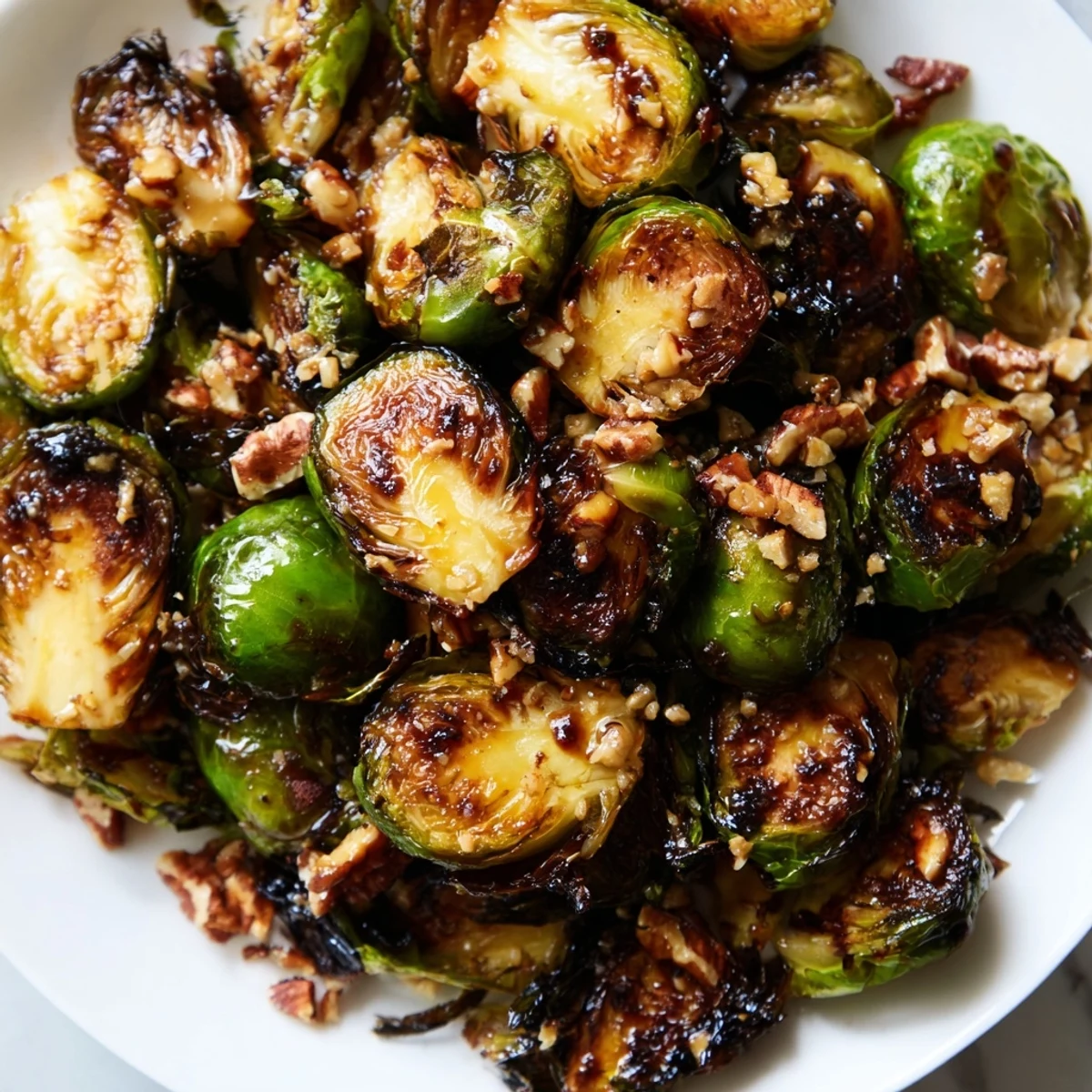 Crispy honey balsamic Brussels sprouts roasted golden with a glossy caramelized glaze on parchment paper