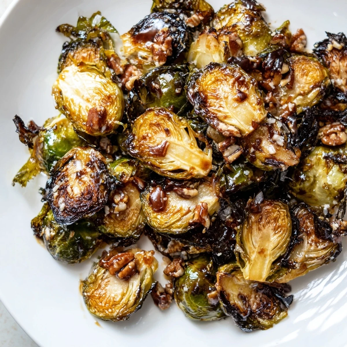 Honey balsamic Brussels sprouts tossed in a sweet tangy glaze topped with toasted pecans