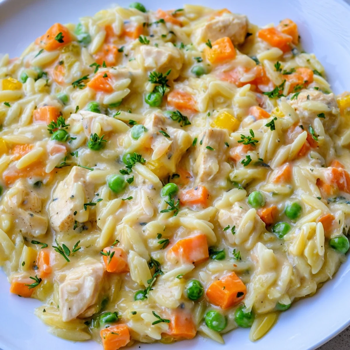 A warm bowl of creamy chicken pot pie orzo topped with fresh parsley and diced carrots