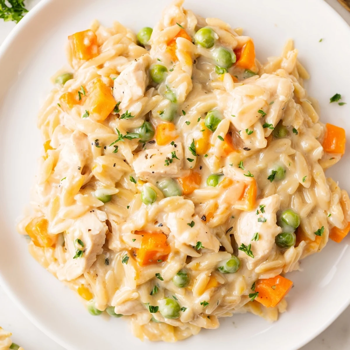 Creamy chicken pot pie orzo steaming in a rustic skillet with tender vegetables and golden broth