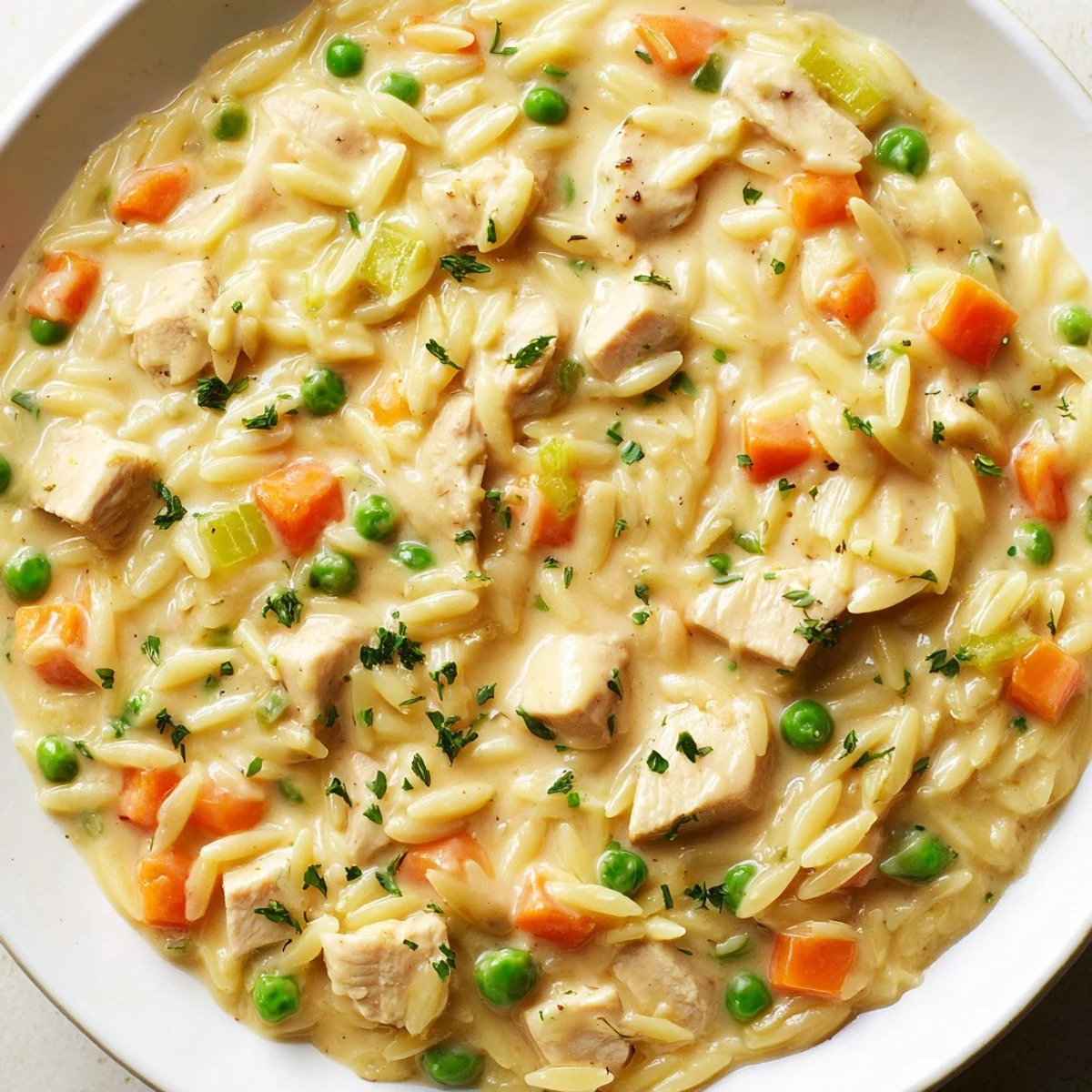 Creamy chicken pot pie orzo loaded with shredded chicken peas and a rich velvety sauce