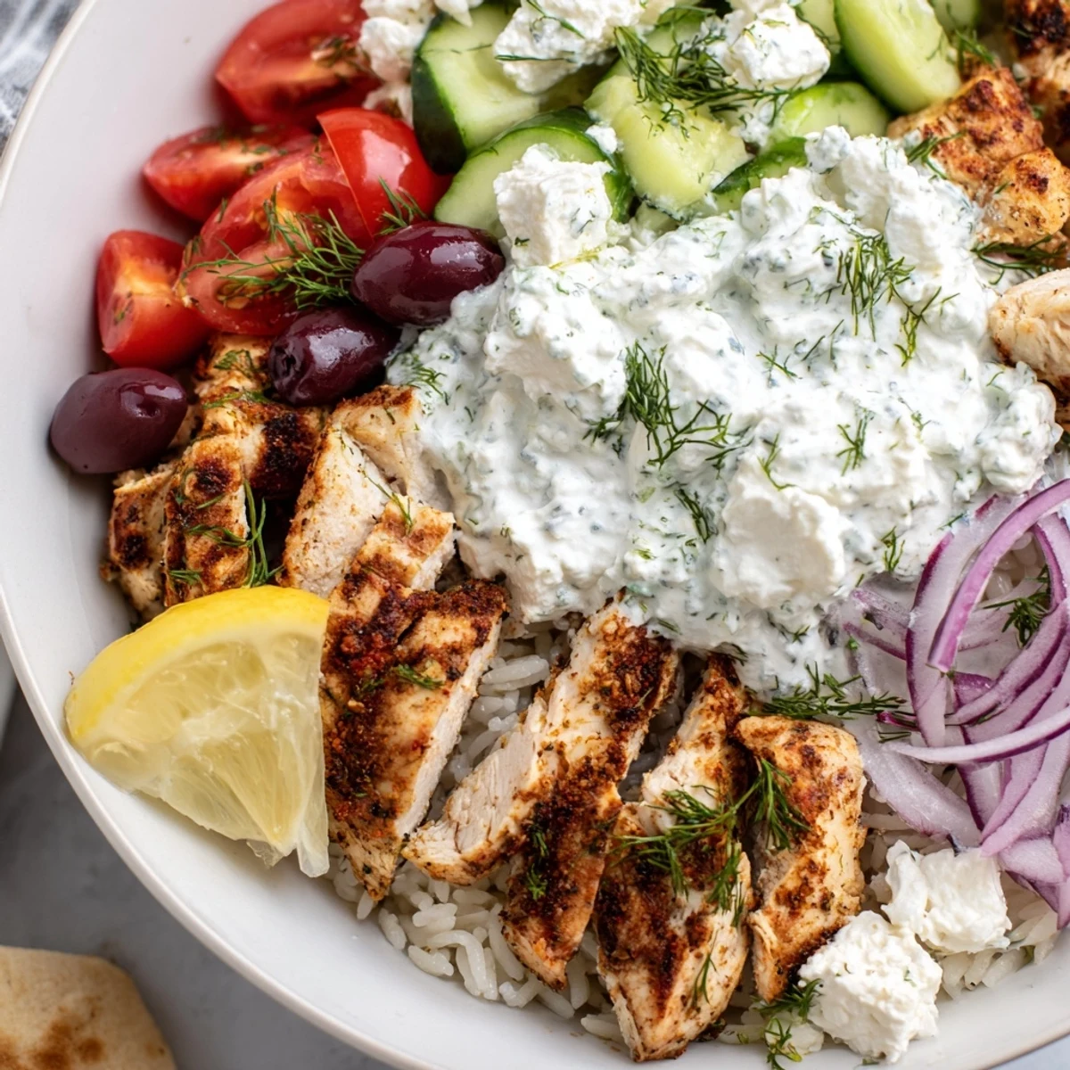 Juicy herbed grilled chicken Greek chicken bowls with rice and tzatziki