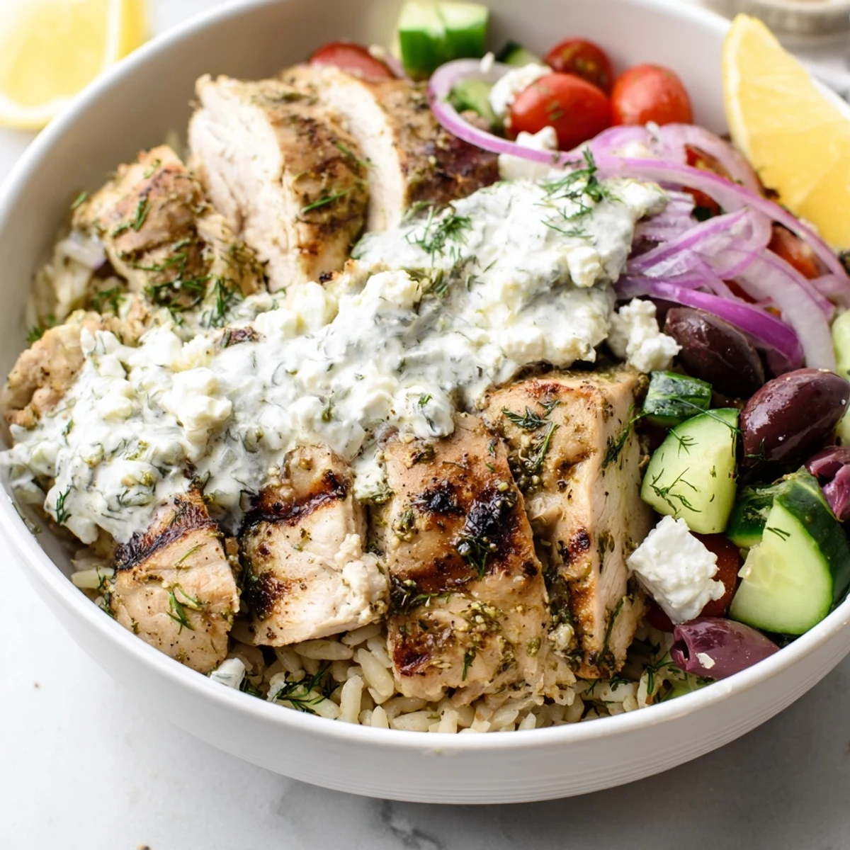 Warm sliced chicken over fluffy rice in vibrant Greek chicken bowls