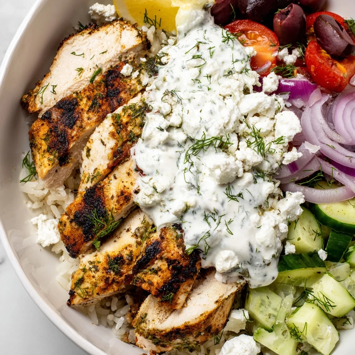 Colorful Greek chicken bowls loaded with fresh cucumbers tomatoes olives and feta