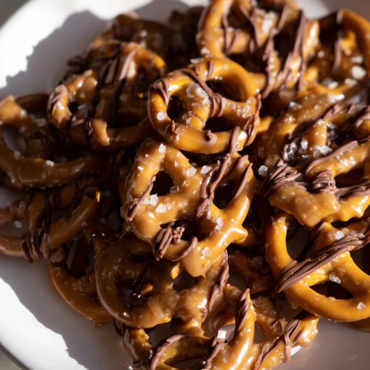 Golden butter toffee pretzels with chocolate drizzle on parchment paper