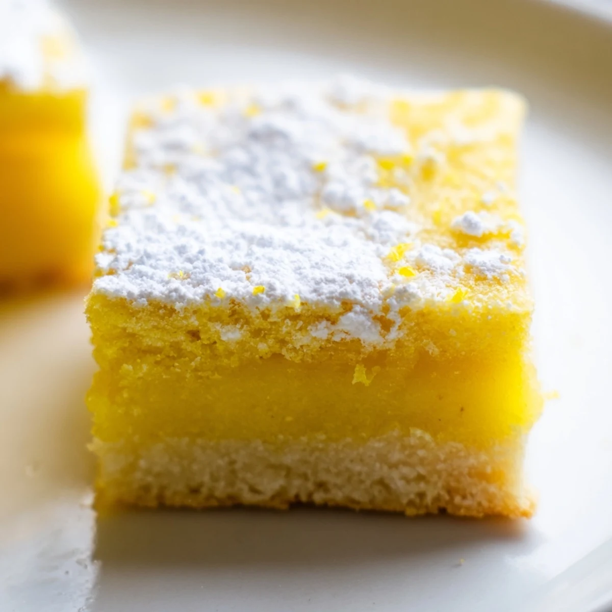 Golden simple lemon bars with powdered sugar dusting on a rustic cutting board