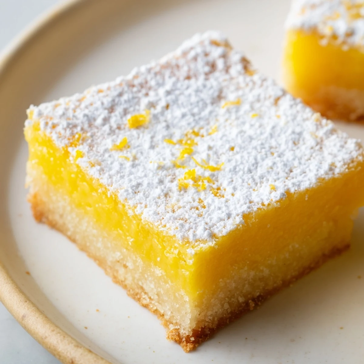 Bright yellow simple lemon bars garnished with fresh lemon slices for a summer dessert