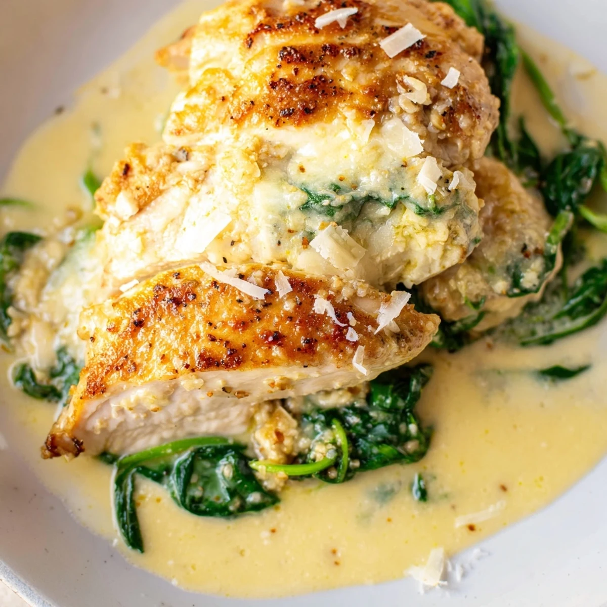 Golden seared Lemon Parmesan Spinach Chicken nestled in a creamy garlic spinach sauce