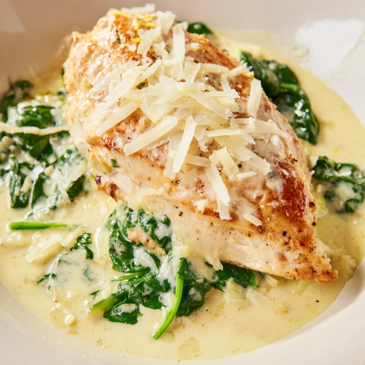 Juicy Lemon Parmesan Spinach Chicken topped with melted cheese and fresh wilted greens