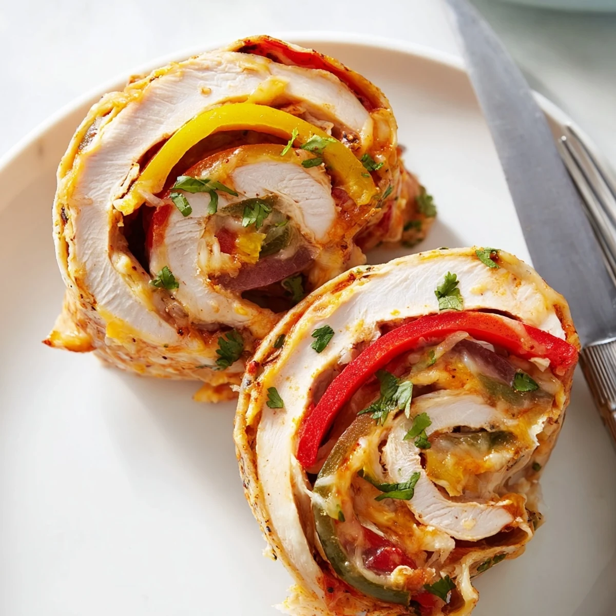 Golden baked chicken fajita roll ups with colorful bell peppers and melted Monterey Jack cheese on a rustic plate.