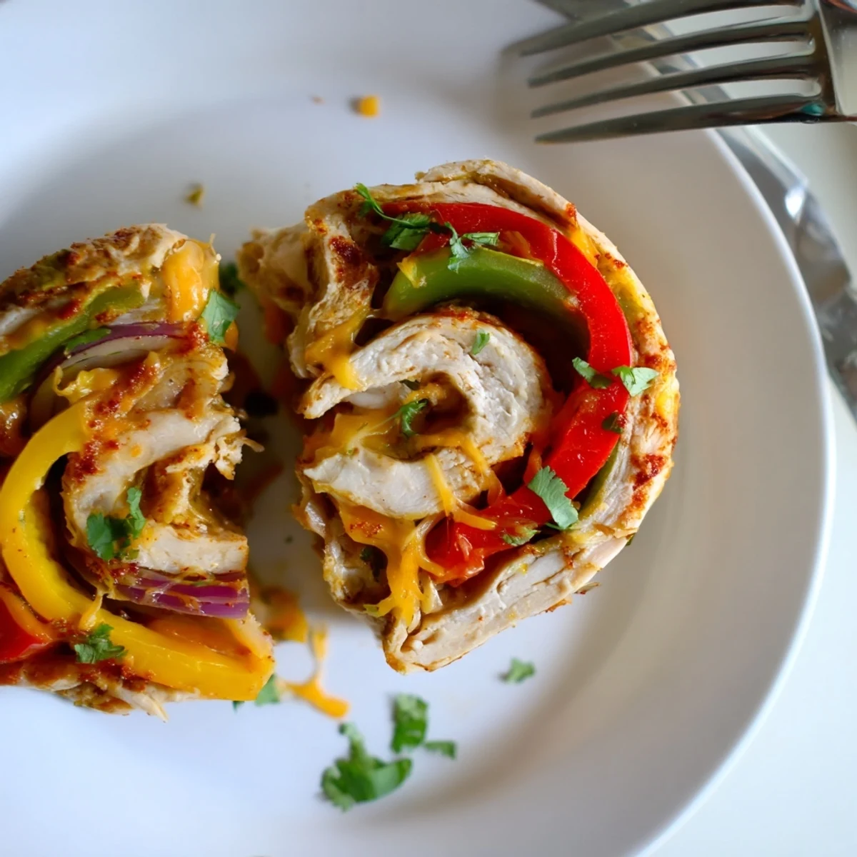 Tender baked chicken fajita roll ups sliced to reveal melted cheese and vibrant peppers, garnished with cilantro.