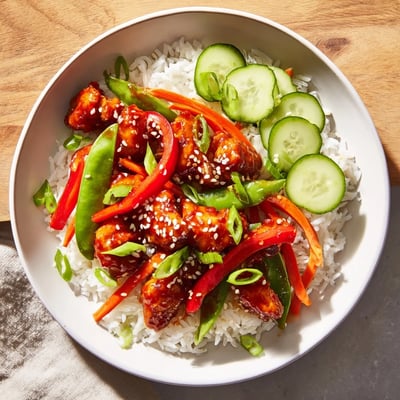 Fusion-style Spicy Lunch Bowl Rice served in a ceramic dish with fluffy grains, colorful vegetables, and a glossy, reddish-orange sauce.  