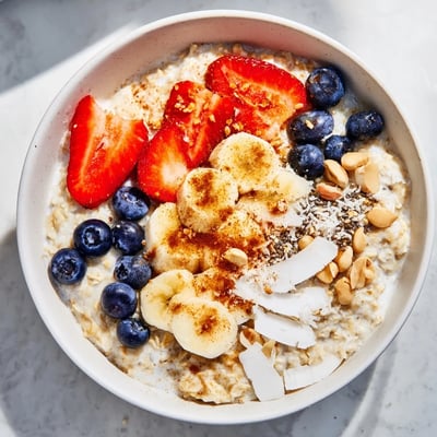 A close-up of a warm Creamy Breakfast Oats Bowl garnished with chia seeds and shredded coconut for texture.