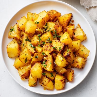 Roasted breakfast potatoes with herbs, served hot as a hearty side alongside eggs