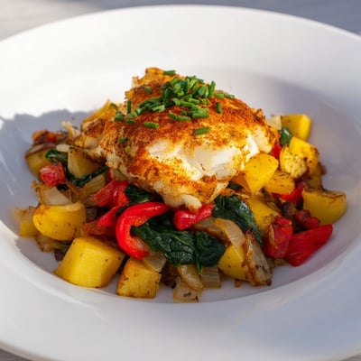 Top-down view of Baked Fish Breakfast Hash topped with sunny-side-up eggs, wilted spinach, and fresh chives on a rustic table.