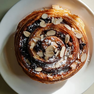 Golden-brown Chocolate Breakfast Pastry Roll sliced to reveal melted dark chocolate filling, garnished with sliced almonds and powdered sugar on a wooden board.