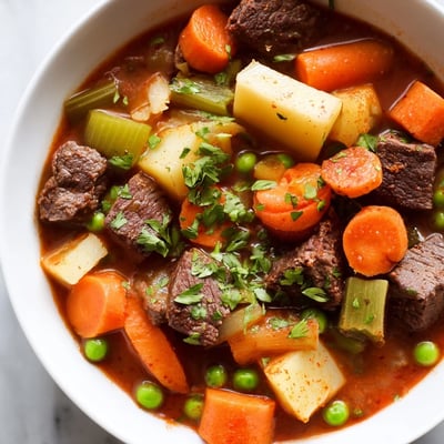 Cozy Winter Lunch Stew served in a rustic ceramic bowl, featuring hearty carrots, potatoes, and peas in rich broth.