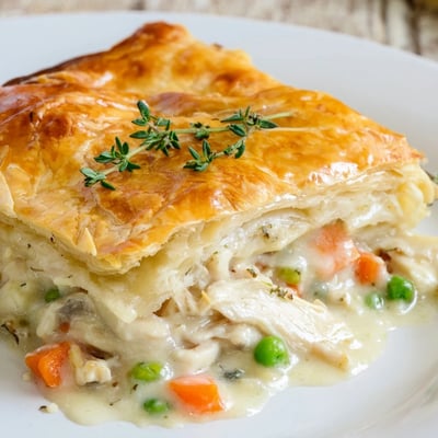Steam rises from a rustic casserole dish of Chicken Supper Pie Pot, showing tender peas, carrots, and herbs in rich sauce.