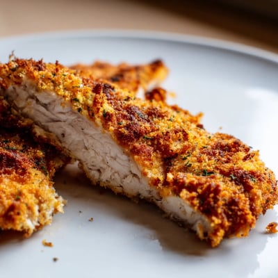Golden Crispy Supper Chicken Cutlet stacked on a rustic wooden board, showing juicy meat and golden panko crumbs.