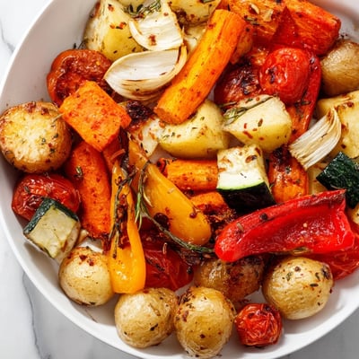 Colorful roasted supper veggies tray served as a vegan main dish alongside fluffy quinoa and fresh parsley.