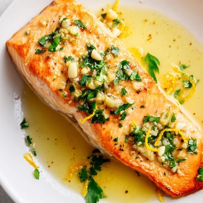 Plate of Lemon Garlic Butter Salmon Fillets garnished with lemon wedges and herbs, perfect for a quick dinner with rice.