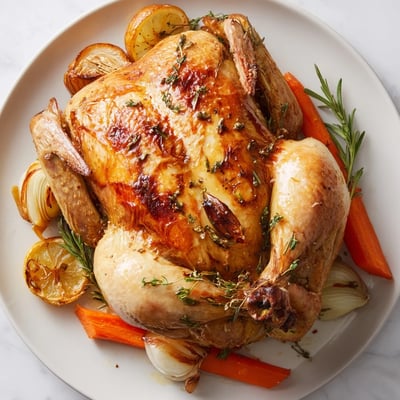 The roasted chicken with lemon and fresh herbs features golden crisp skin, lemon wedges, and pan juices ready for a rustic serving suggestion.