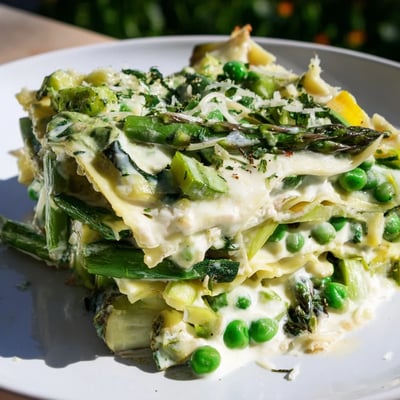 A close-up of Spring Vegetable Lasagna with White Sauce shows vibrant green veggies and melted cheese.