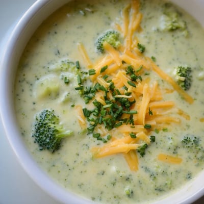 A bowl of creamy broccoli cheddar soup served with crusty bread on a rustic wooden table.