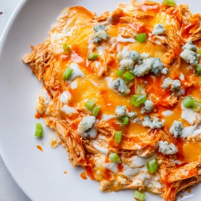 Creamy Keto Buffalo Chicken Dip topped with crumbled blue cheese and chopped green onions, bubbling from the oven.