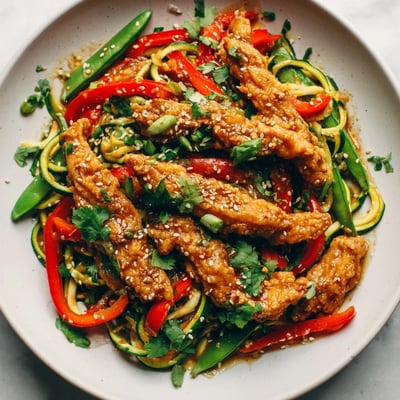 A close-up shows the vibrant red bell peppers and green snap peas mixed into the Garlic Chicken Zucchini Noodles Stir Fry.