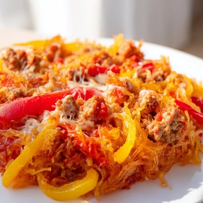 In a white ceramic dish, the low-carb Sausage and Peppers Spaghetti Squash Casserole features shredded squash strands and savory sausage.