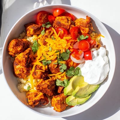 Low Carb Burrito Bowl shows vibrant veggies, juicy chicken, and creamy avocado for a satisfying low-carb Mexican-inspired dinner.