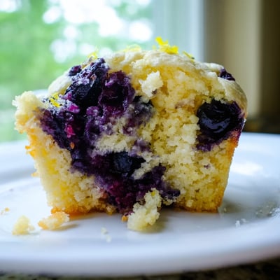Freshly baked Sourdough Blueberry Muffins cooling on a rack, showcasing moist interiors with bright pops of blue fruit.