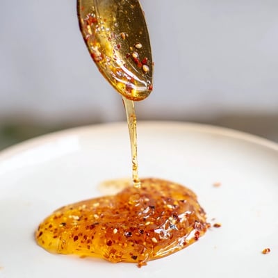 Spicy sweet homemade hot honey drizzled over crispy fried chicken and fluffy buttered biscuits