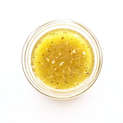 Creamy easy lemon vinaigrette dressing drizzled over crisp green salad in white bowl