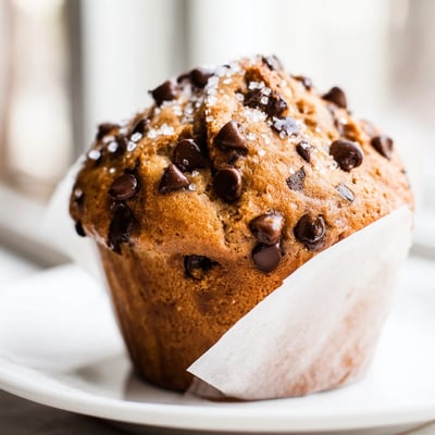 Freshly baked chocolate chip muffins overflowing with semi-sweet chips on a rustic wooden board