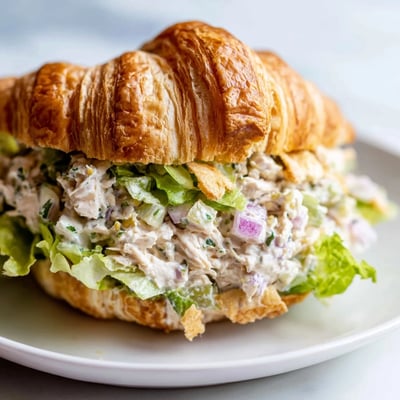 Flaky buttery croissant sandwich loaded with Parmesan chicken salad and fresh greens