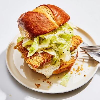 Homemade crispy chicken Caesar sandwich featuring crunchy panko fried chicken breast with tangy dressing